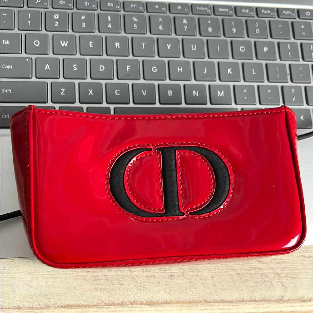 Dior Red Cosmetic Beauty Bag Glossy Finish patent with belt loop